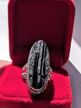 Vintage Genuine Black Tourmaline Statement Ring in Sterling Silver Setting 8.75